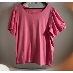Talbots Plus Size 2XL Pink Short Puff Sleeve Eyelet Lace Jersey Knit Pullover